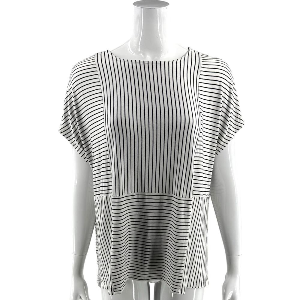 J Jill Wearever Collection Top Size Large Black White Striped Button Up Back Tee